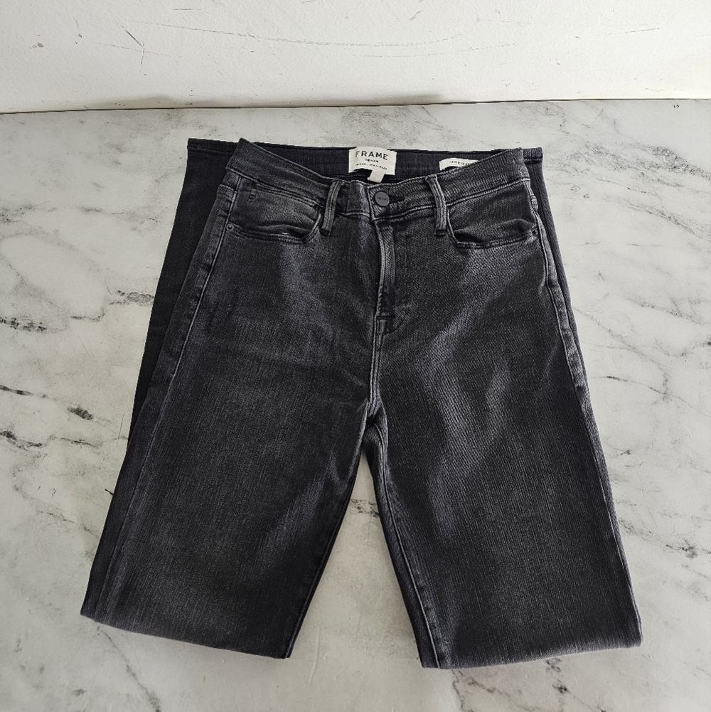 FRAME Denim Le High Skinny Black Gray Distressed Jeans 26 Preowned - Picture 5 of 10